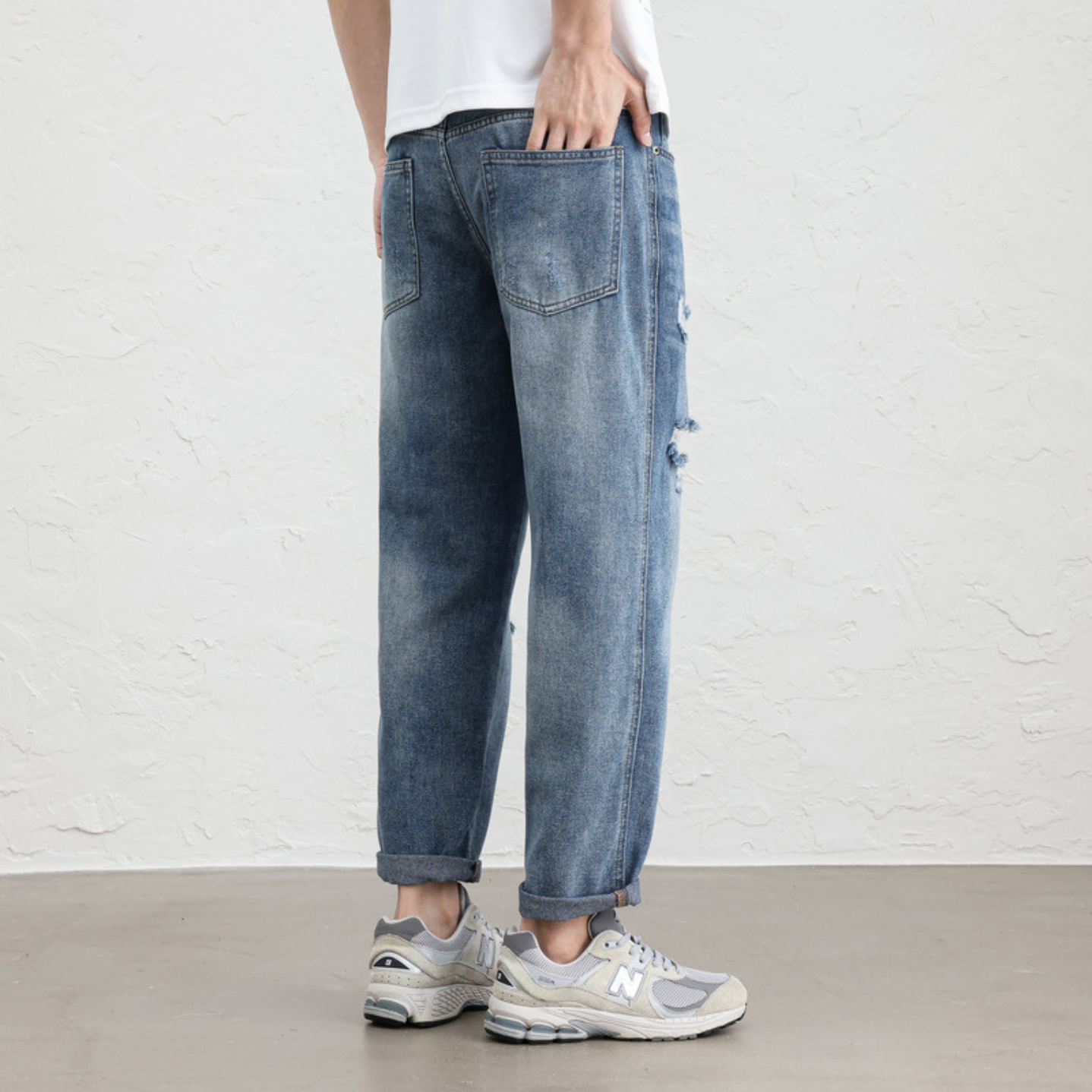 Quần jeans rách màu xanh bạc hà WOOG2005 dành cho nam mùa xuân 2025, quần ống đứng đơn giản, hơi rộng, kiểu dáng mới - Ảnh 2
